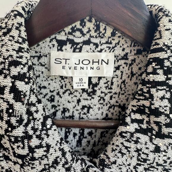 St. John Evening Sz 12 Knit Cardigan Sweater Long Jacket Black White Rhinestones - Picture 9 of 9
